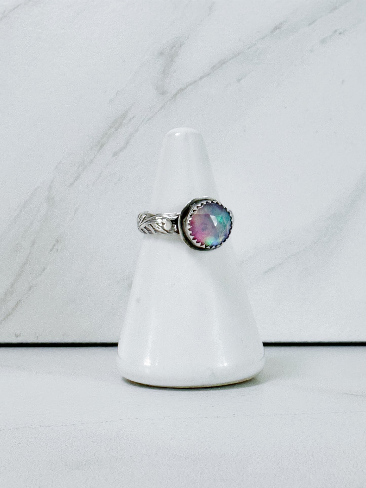 Pink Aurora Opal Ring Size 6.25