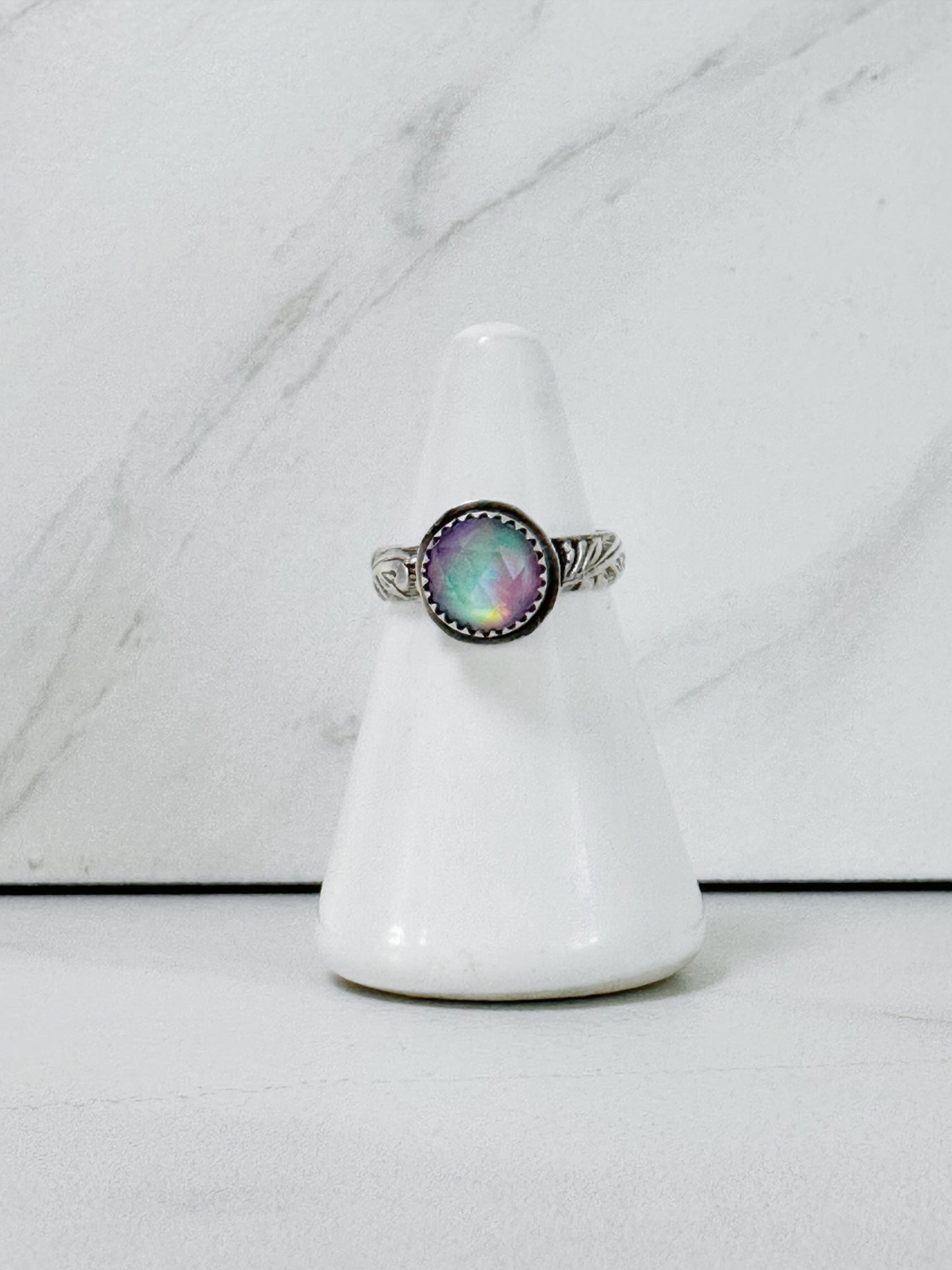 Pink Aurora Opal Ring Size 6.25