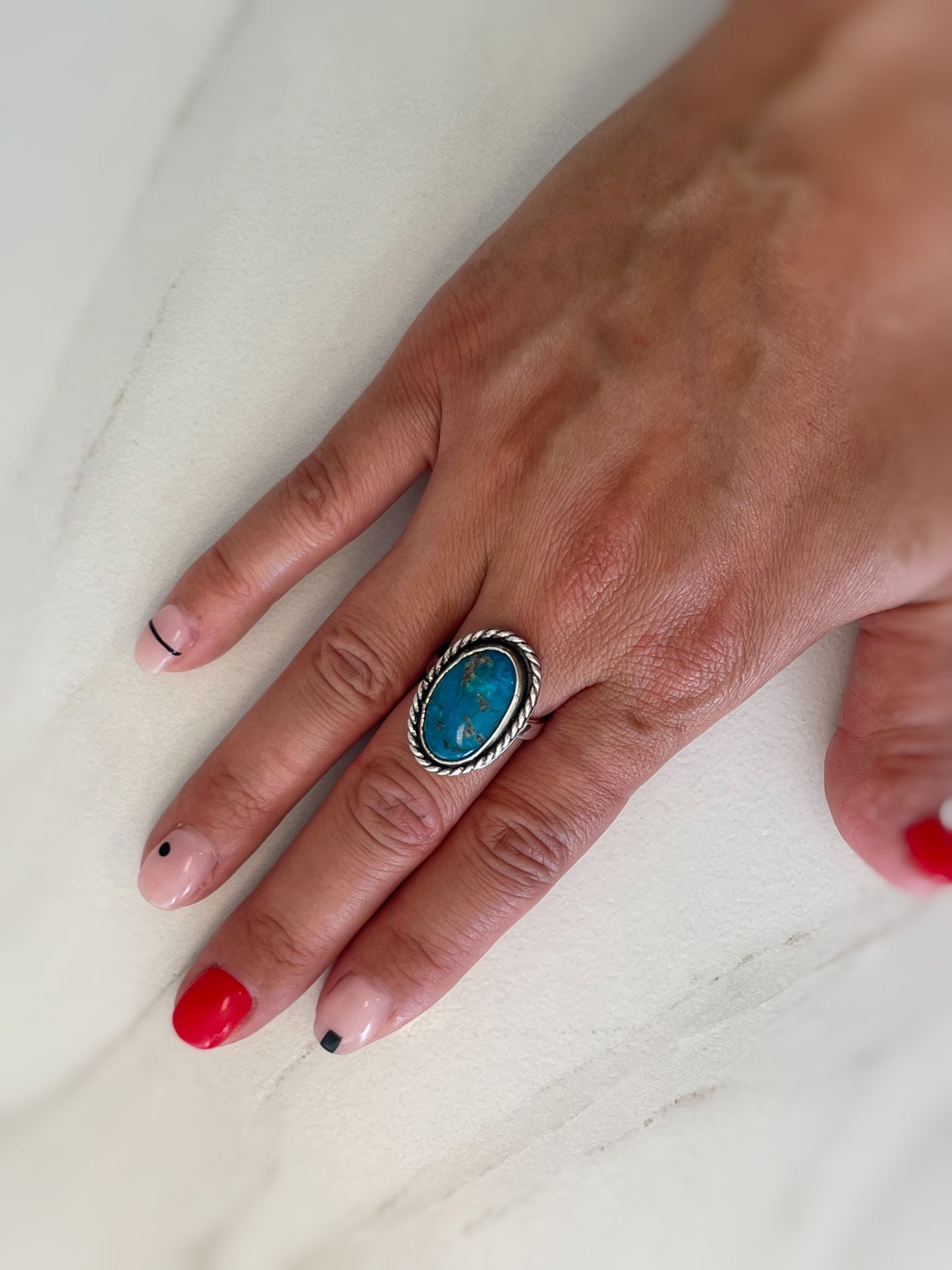 Genuine Oval Turquoise Ring with Rope Embellishment Size 5.75