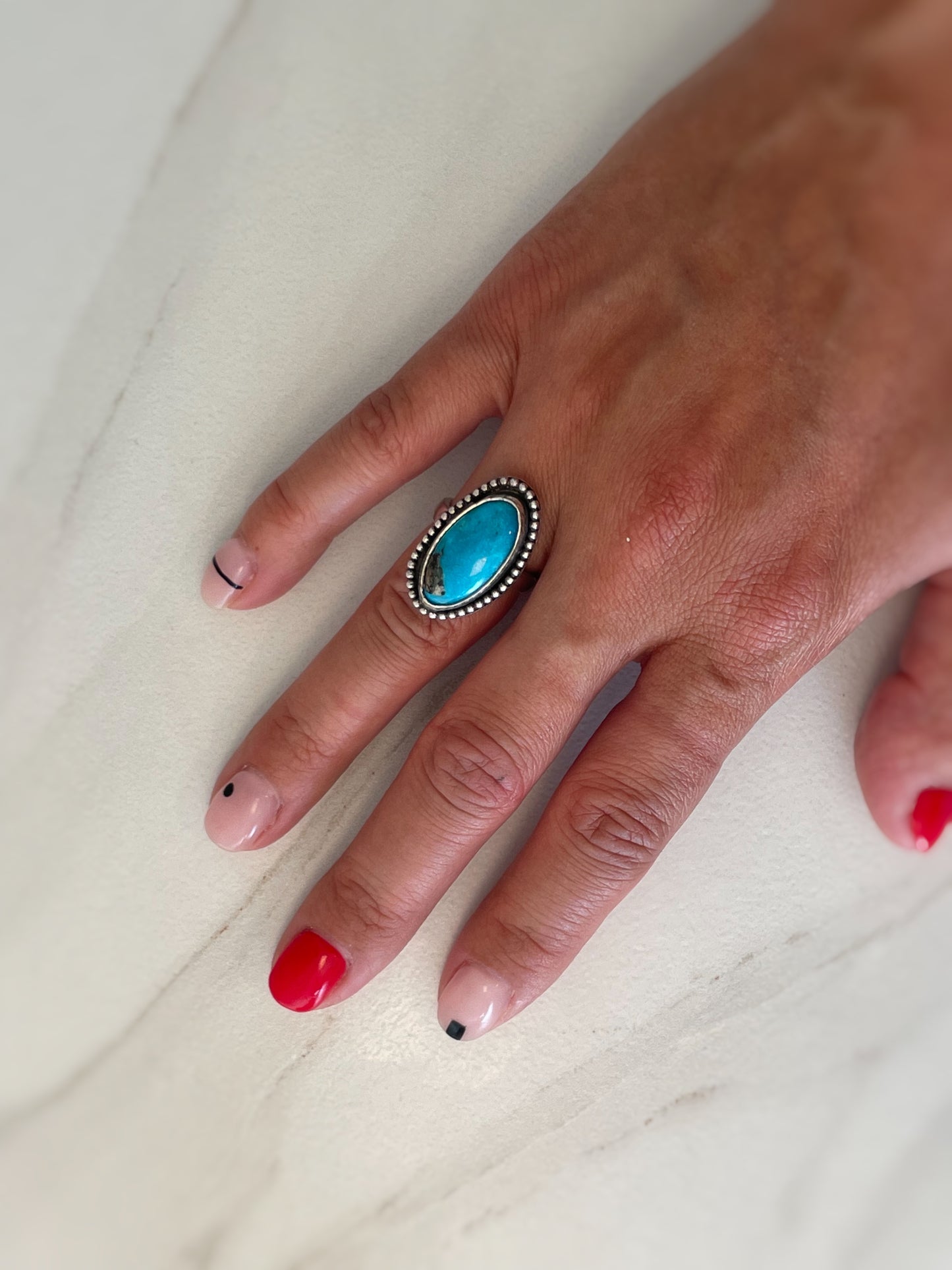 Genuine Oval Turquoise Ring with Dot Embellishment Size 5